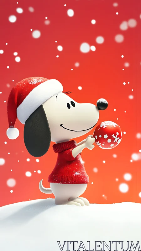 Cartoon dog in Santa hat holding red snowflake bauble.