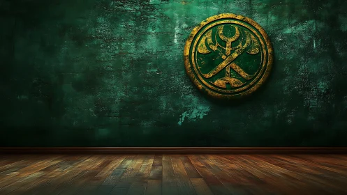 Aged gold emblem on textured green wall above polished wood floor