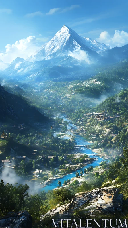 Snowcapped peak overlooks lush river valley at sunrise.