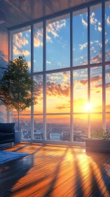 Sunset pours liquid gold across a sky-high city loft