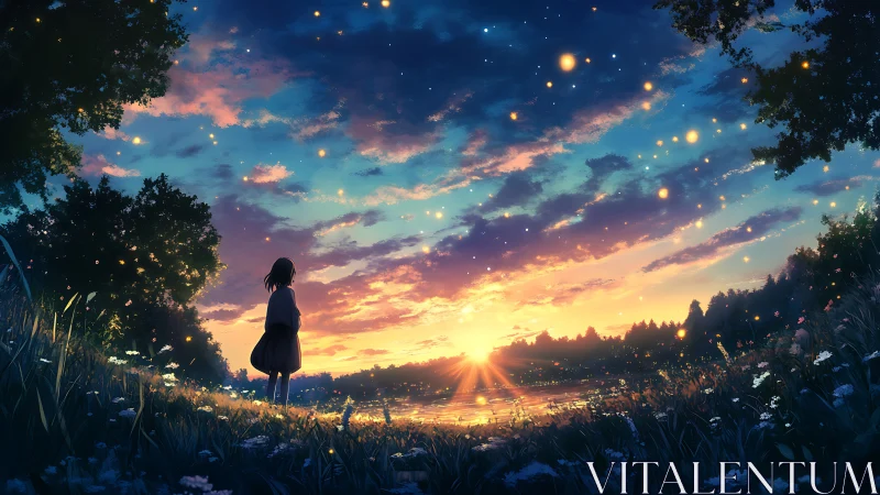 Anime dusk meadow with girl watching glowing firefly sky.
