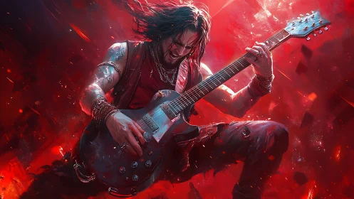 Electric guitarist captured in dynamic red cinematic lighting