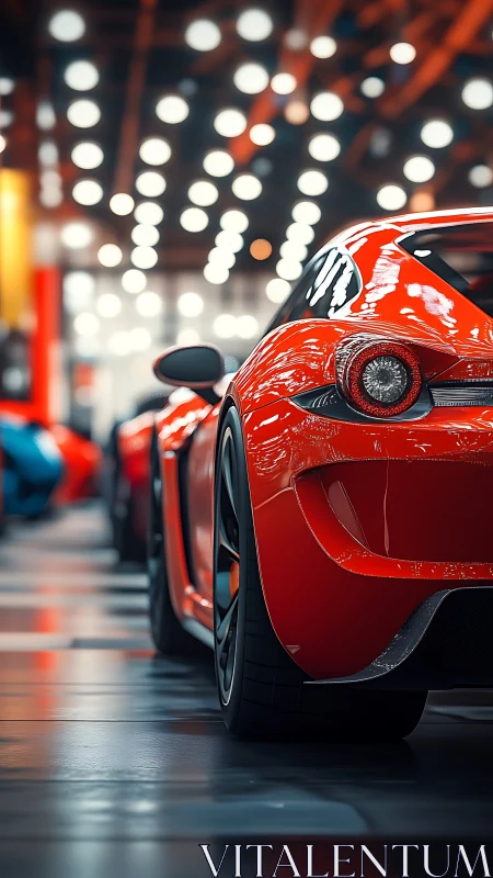 Radiant red sports car glowing under soft showroom lights.