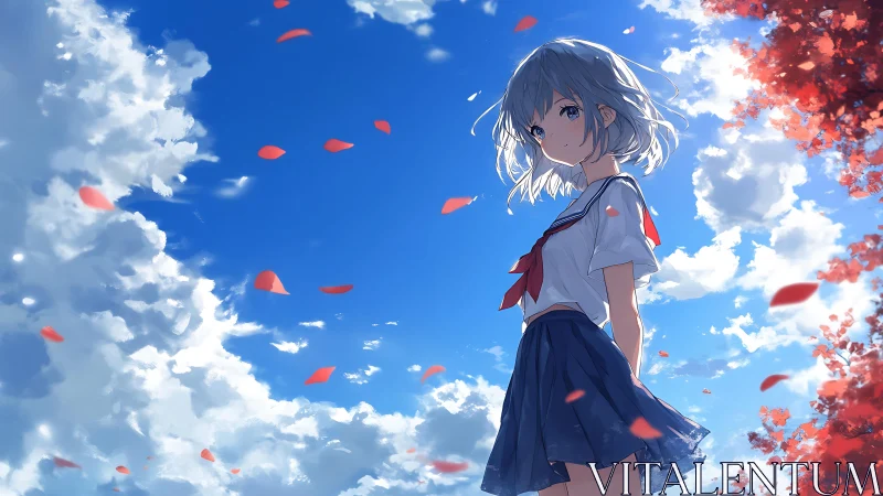 Skybound schoolgirl amid drifting petals and painted clouds.