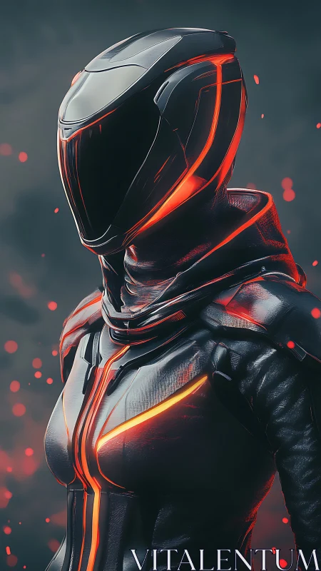 Luminous cyber rider in a sleek ember-lined exosuit.