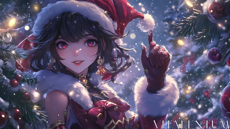 Anime holiday portrait in luminous Christmas lighting design.