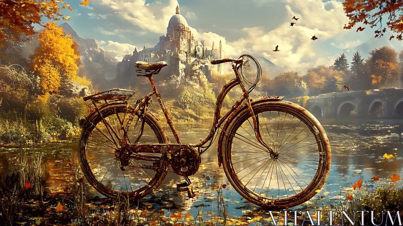 Vintage Bicycle by Castle in Golden Autumn Landscape