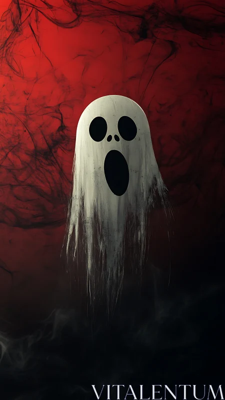 White ghostly face on red smoky horror background.