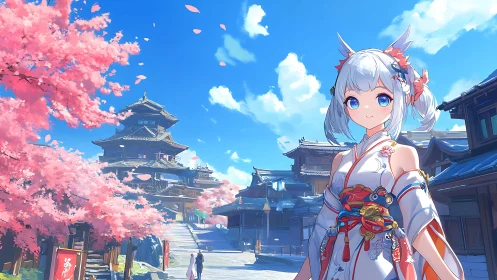 Kimono-clad anime heroine under luminous sakura canopy.