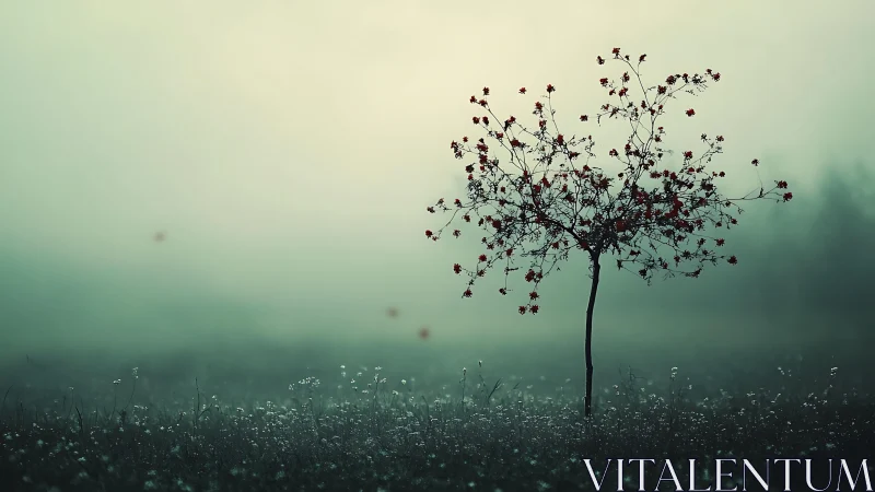 Solitary tree with red leaves in dreamy morning mist landscape.
