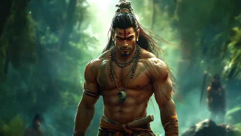 Muscular warrior rendered with cinematic lighting in dense jungle