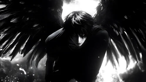 Dark-winged fallen angel descends through burning light