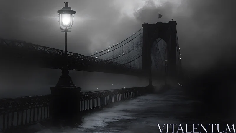 Lone riverlamp keeps midnight watch over the shrouded bridge