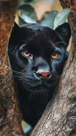 Black panther peers through tree branches with striking amber eyes.