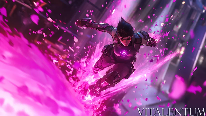 Neon-charged cyber hero surfing a storm of pink light.