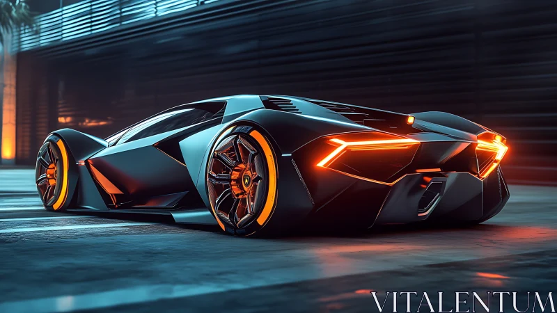 Futuristic supercar glows in a neon lit industrial nightscape