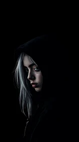 Hooded young woman in dramatic low key side portrait