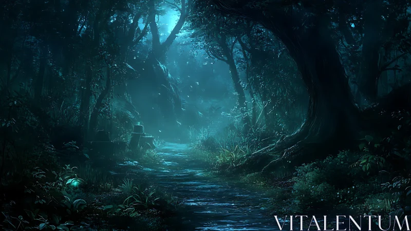 Underground cavern with bioluminescent water passage.