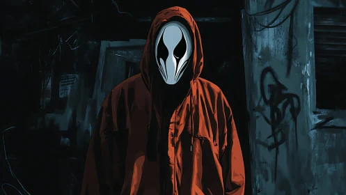 Hooded specter drifts through graffiti-stained midnight alleyway
