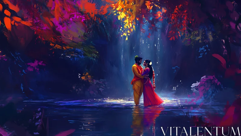 Couple in Enchanted Forest - Luminous Digital Fantasy Scene