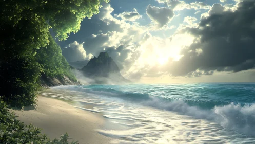 Tropical Shoreline with Dramatic Sky and Mountain Vista.