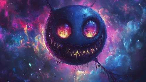 Cosmic grinning void spirit with neon ember eyes afloat.