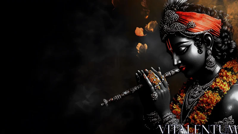 Digital deity portrait with flute, marigold garland, deep chiaroscuro