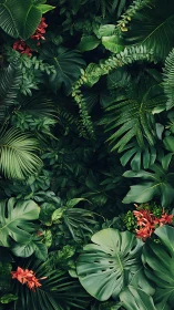 Tropical foliage wall with layered monstera and red blooms.