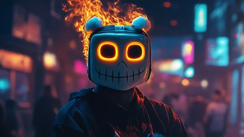 Neon skull mask glows warmly against a hazy city nightlife