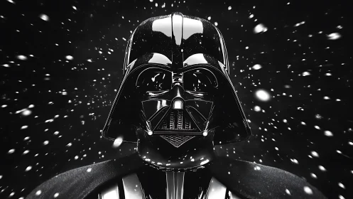Darth Vader style black helmet rendered amid floating particles