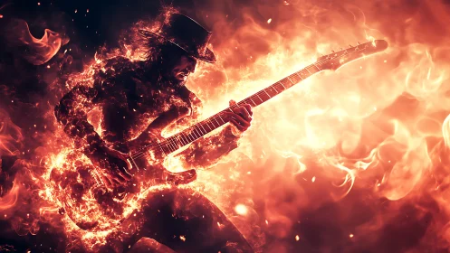 Guitarist silhouette in stylized flames and intense light field.