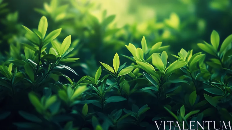 Lush green foliage softly glows under gentle morning light