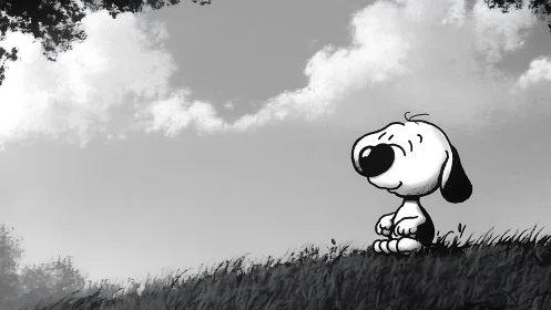 Cartoon dog rests peacefully under a bright cloudy sky.