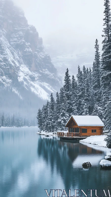 Snow covered lake cabin below misty pine forest cliffs.