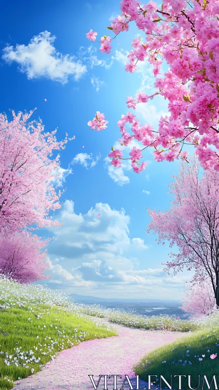 Curved hillside path framed by dense pink cherry blossom canopy