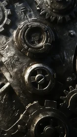 Macro study of interlocking steel gears with worn patina