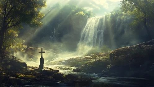 Backlit cloaked figure with cross before luminous cascade.