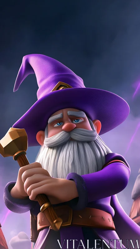 Purple-robed wizard grips staff under stormy fantasy sky.