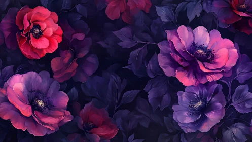 Pink and purple flowers bloom against dark navy floral foliage background