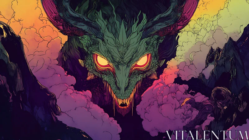 Volcanic chasm dragon apparition with chromatic smoke plumes.