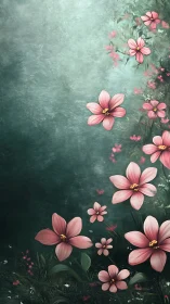 Pink flowers on textured green background composition.