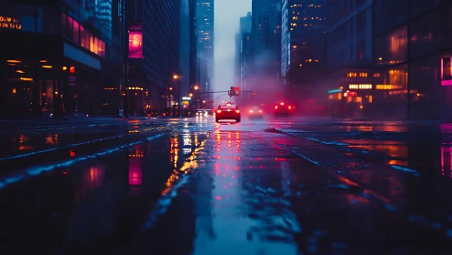 Neon taxi cuts through rain-soaked downtown street at dusk.