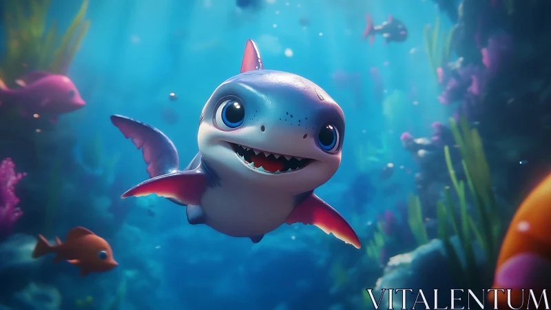 Cartoon baby shark swimming in vibrant stylized reef lighting