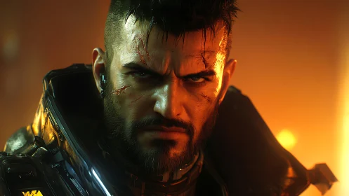 Scarred cyber soldier stares ahead in blazing neon light