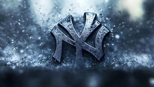 Metallic abstract symbol in falling water spray scene.