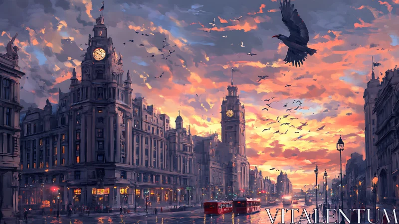 Urban clock towers under dense sunset sky with traffic.