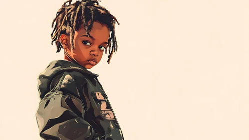 Young child portrayed with confident demeanor and styled hair.