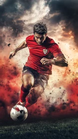 Soccer player sprints with ball through dramatic smoke field