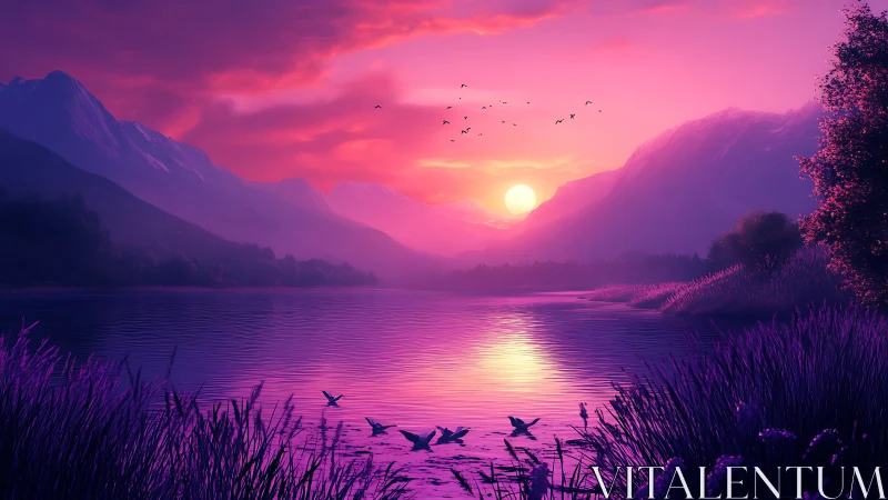 Vivid purple sunset over tranquil mountain lake scene.
