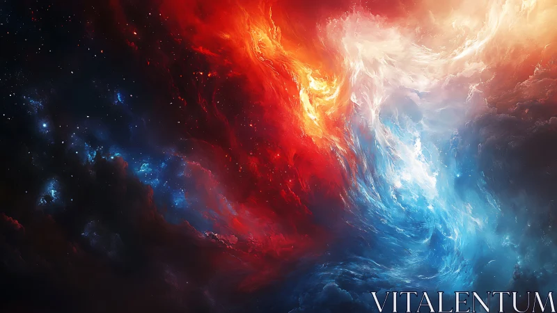 Cosmic fire and ice collide in a swirling nebula sky